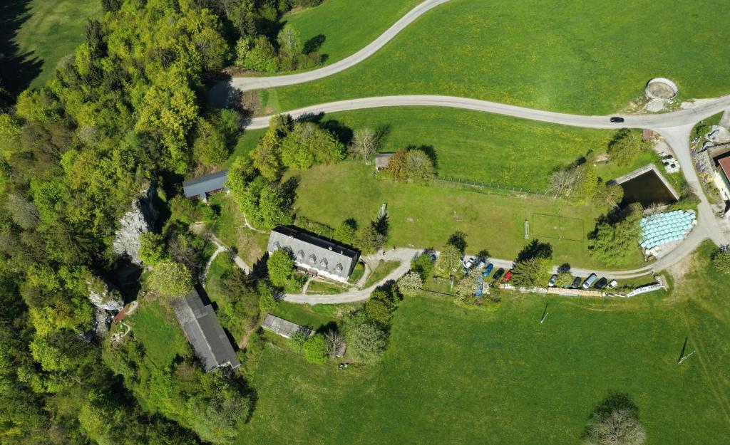 an aerial view of a park with a road at Feriencamp Sibley - Gruppenhaus im Nationalpark Kalkalpen in Laussa