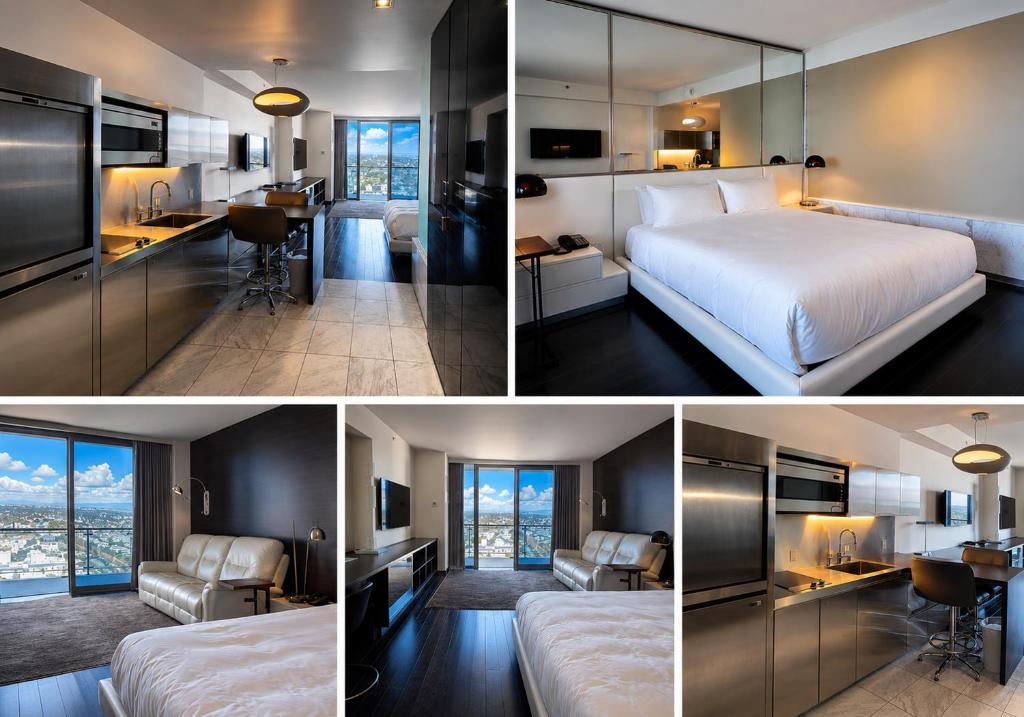 a hotel room with a bed and a dining room at Palms Place Hotel Mountain View with Open Balcony in Las Vegas