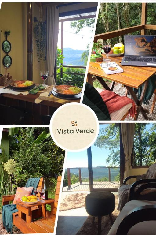 a collage of photos with a table with a laptop at Recanto Vista Verde in Nova Petrópolis