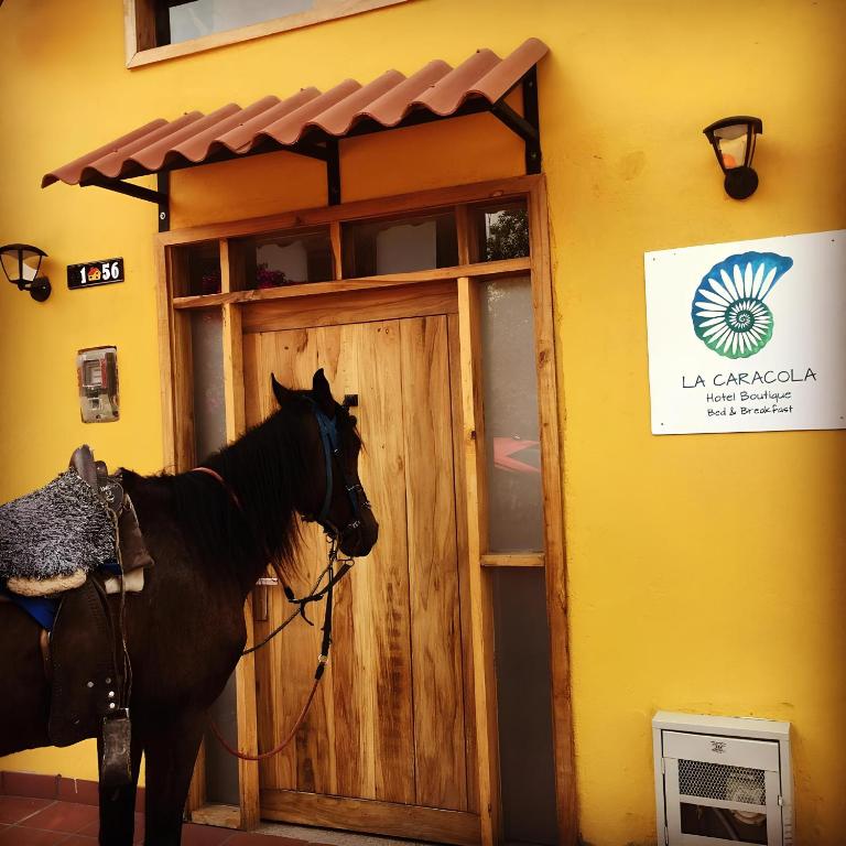a horse standing in front of a wooden door at Hotel La Caracola Salento in Salento