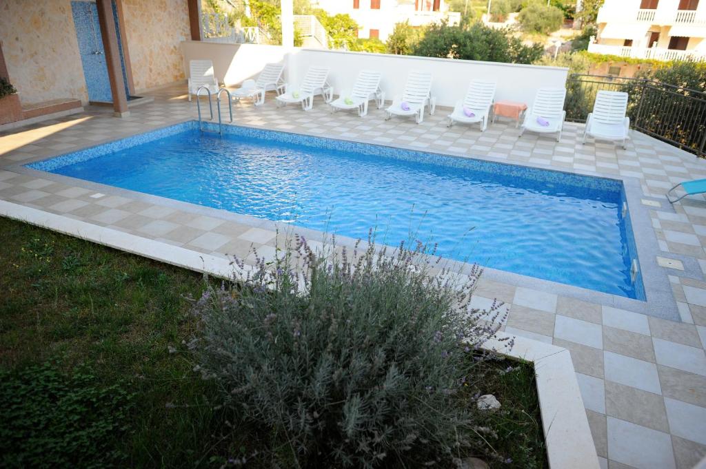a swimming pool with chairs and a group at Apartments&Rooms Jelavić in Seget Vranjica