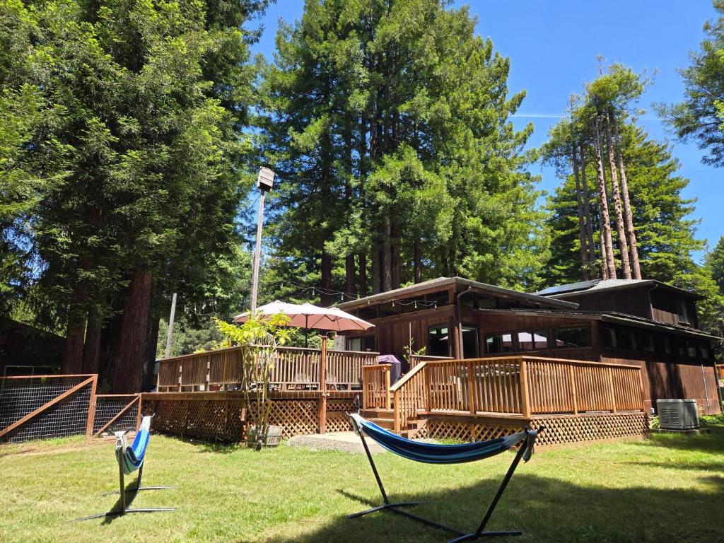 two hammocks in the grass in front of a house at Serenity Grove in Fort Bragg