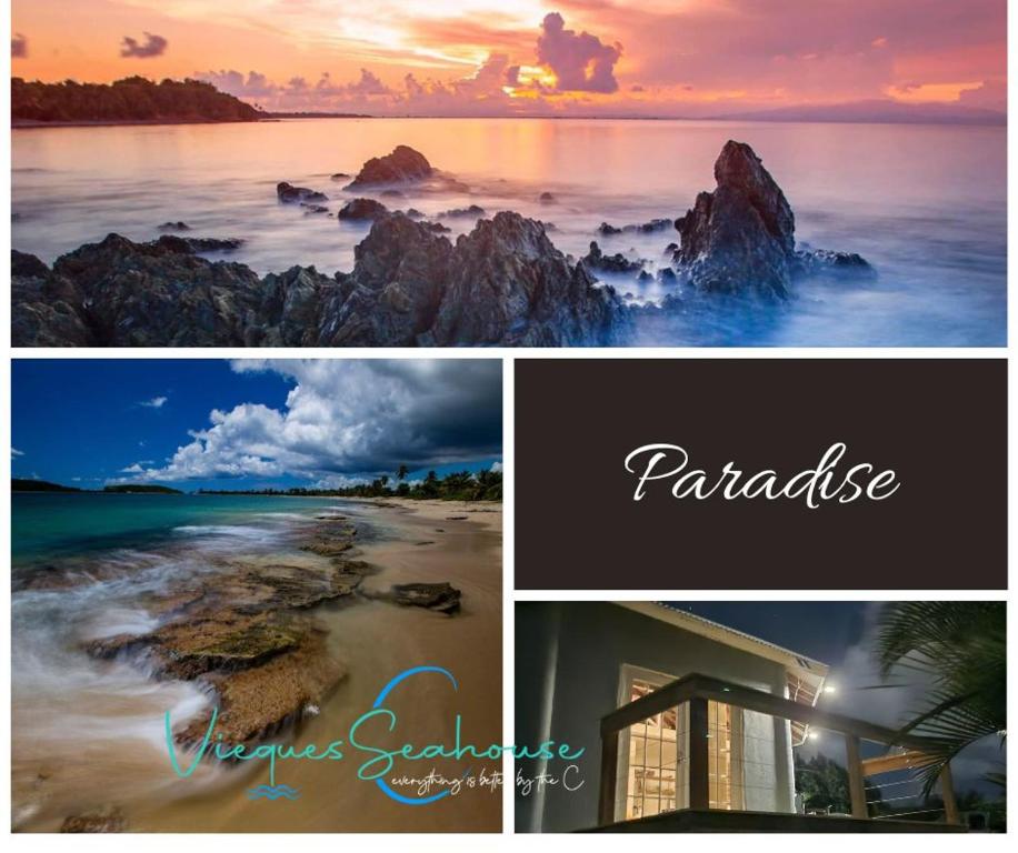 a collage of pictures of a beach and the ocean at Cozy chill island roundhouse magic 2 miles from beach-The Vieques Seahouse in Moscou