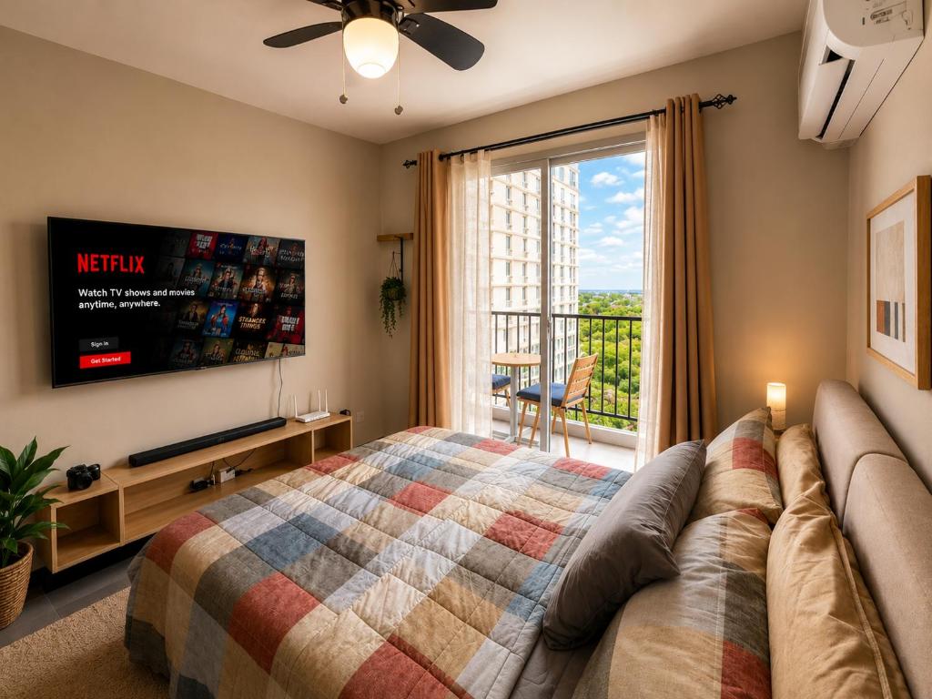 a bedroom with a bed and a tv and a balcony at Arastar Escape - Relax and Unwind- NetFlix - Fast Wifi - Pool Access in Suba