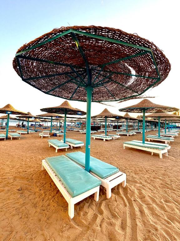 a group of lounge chairs and umbrellas on a beach at Hurghada Porto View in Hurghada