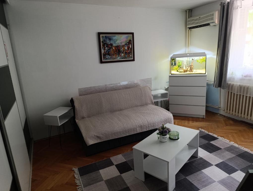 a living room with a couch and a tv at Petronas Apartment in Niš
