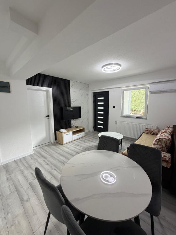 a living room with a table and chairs and a bed at Aqua apartment in Gornji Ribnik