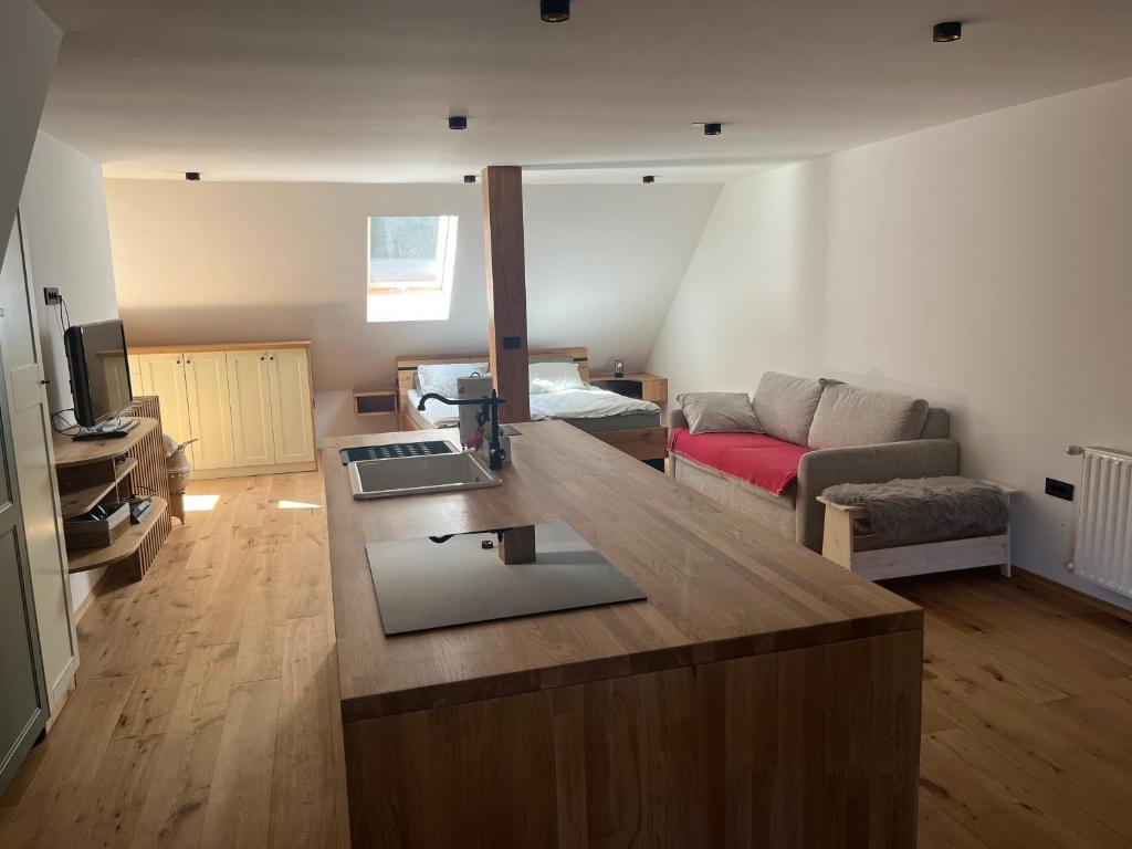 a living room with a couch and a kitchen with a table at Apartmaji pri Mojci in Podvelka