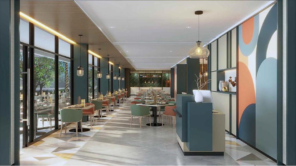 a dining room with tables and chairs and windows at Swiss-Belexpress K Square Batam in Batam Center