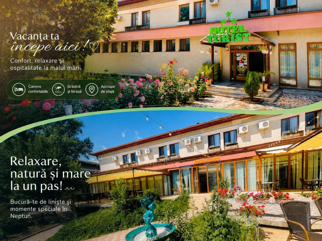 eine Collage aus zwei Bildern eines Hotels in der Unterkunft Hotel Turist in Neptun