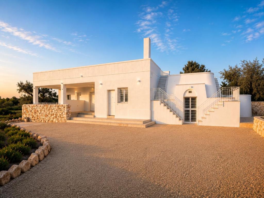 a white house with a staircase in a driveway at Tenuta Saracena in Ostuni