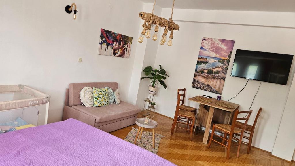 a bedroom with a bed and a table and a tv at Jana's Apartment,100 meters to the lake,Free Parking in Ohrid