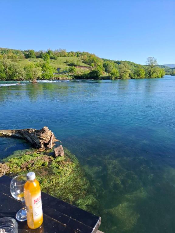 a bottle of alcohol sitting on a table next to a river at Una Vibe Studio in Bosanska Krupa