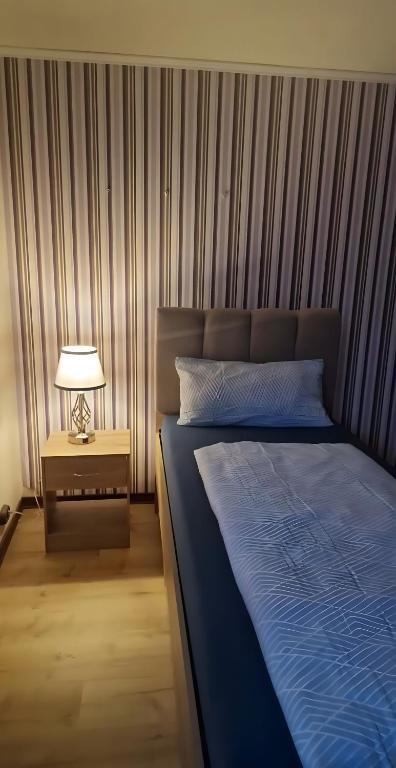 a bedroom with a bed and a table with a lamp at Ferienzimmer-Monteurzimmer in Sibbesse
