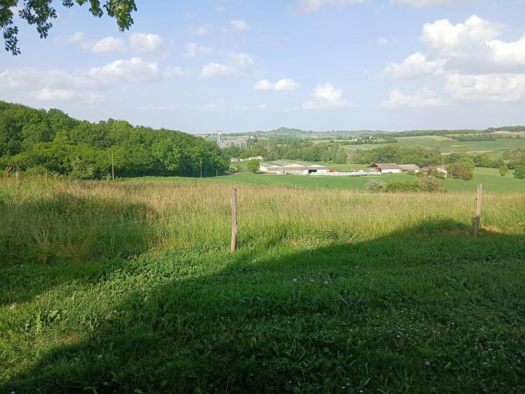a field of grass with a fence in the foreground at Gite de Labarraque in Monbahus