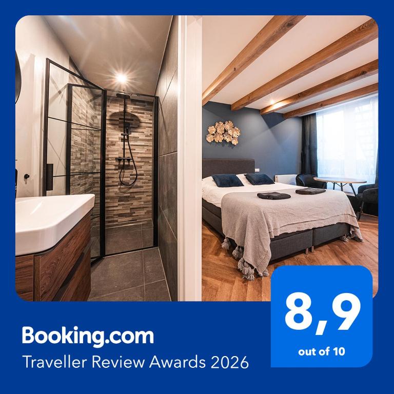 a bathroom and a bedroom with a bed and a sink at Familie Hotel & Apartments Alkmaar in Alkmaar