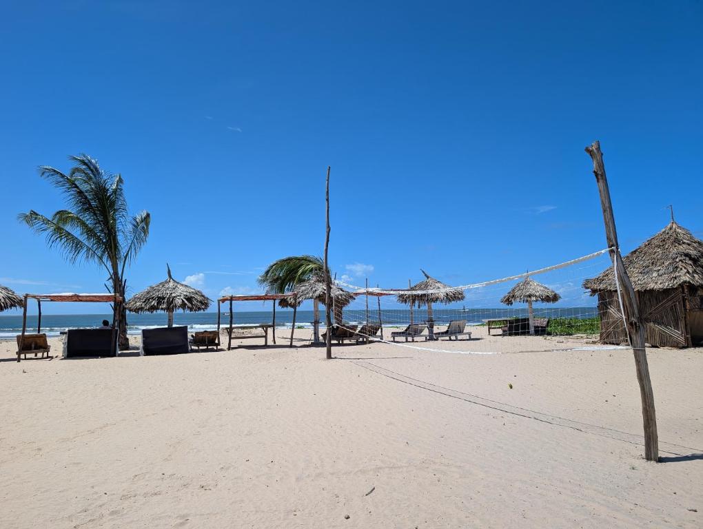 a beach with straw umbrellas and chairs and the ocean at Baba Lao Beach Hostel in Malindi