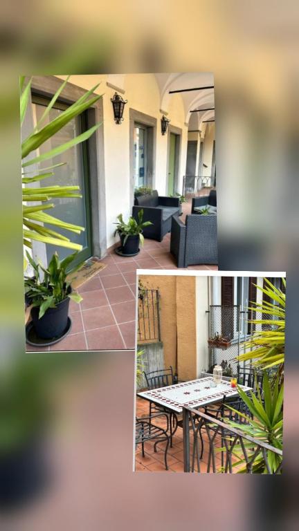 a collage of three pictures of a patio with a table at La Corte Dei Cappuccini in Bergamo