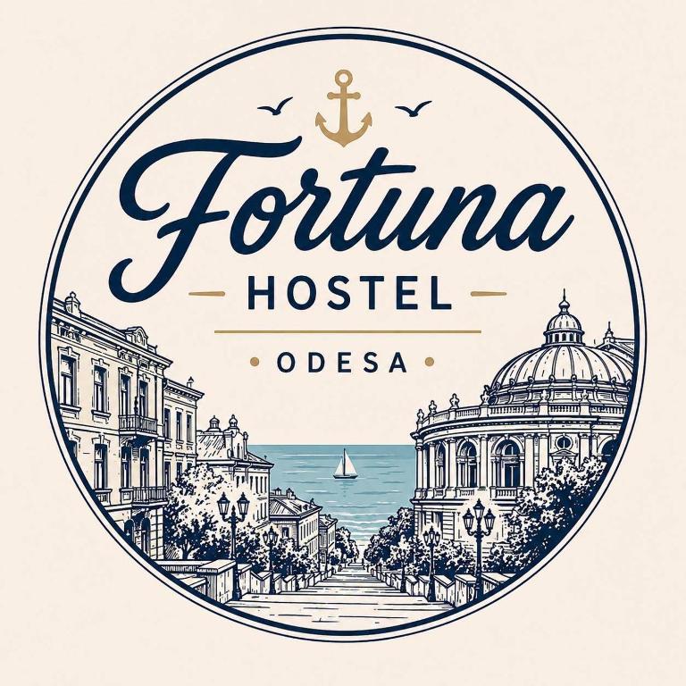 a label with a drawing of the fountina hotel at Fortuna hostel in Odesa