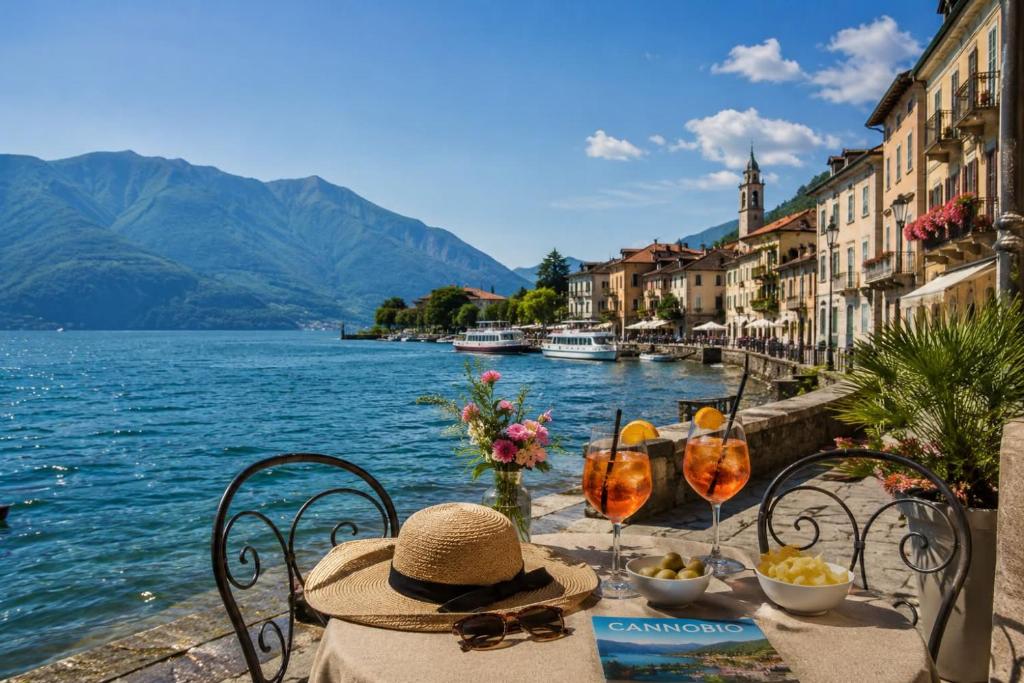 a table with a hat sitting next to a body of water at 2 Min zum Lago Maggiore, Modernes & Zentrales Apartment in Cannobio