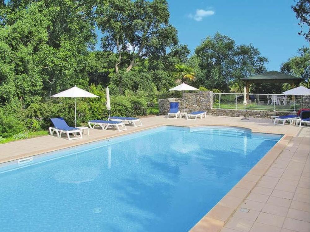 une grande piscine bleue avec des chaises et des parasols dans l'établissement Résidence Valledoro, à Valle-di-Campoloro