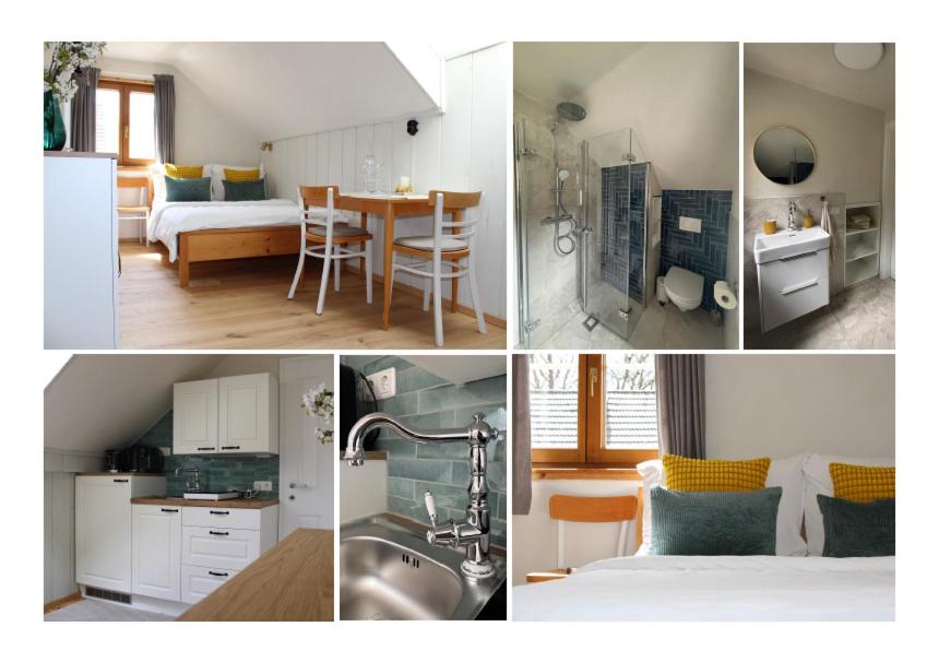 a collage of pictures of a kitchen and a bedroom at Ferienwohnung Gaiswinkler in Grundlsee