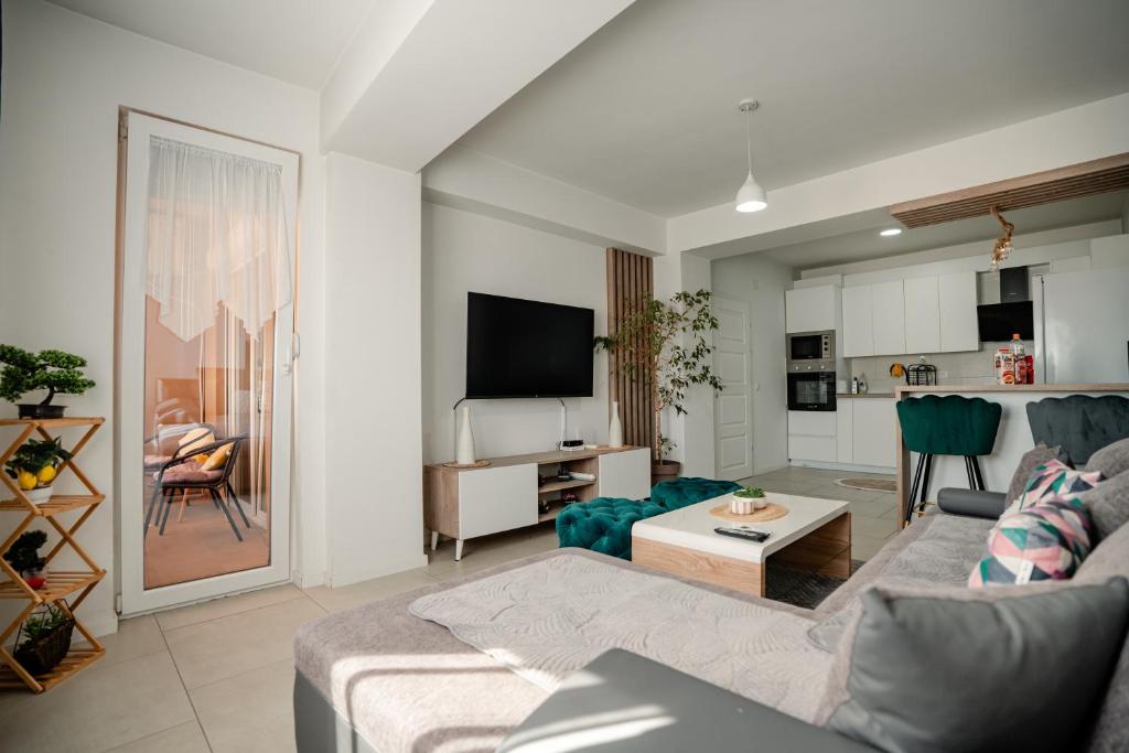a living room with a couch and a tv at Ohrid Pearl Apartment in Ohrid