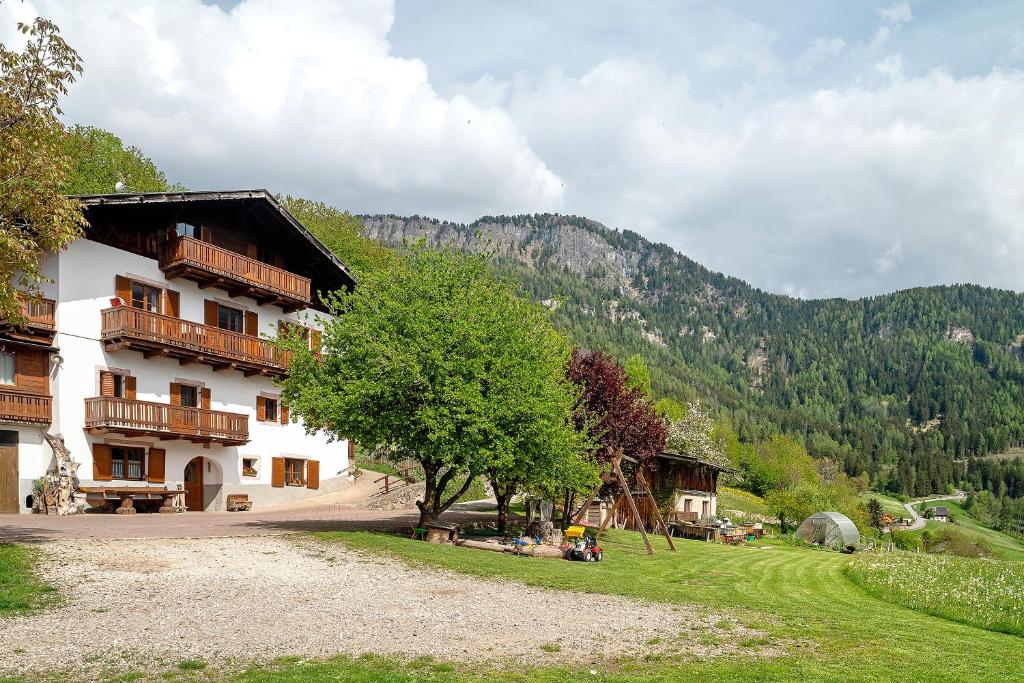 a large building with a tree and a mountain at Gschtraffhof in Kastelruth