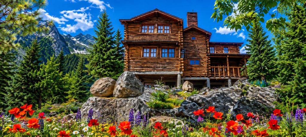 a log cabin in the mountains with flowers at Cabañas San Michele in La Cumbrecita