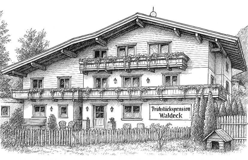 a black and white drawing of a house at Frühstückspension Waldeck in Mayrhofen