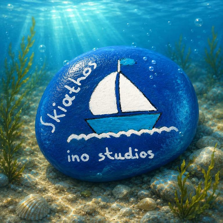 a blue rock with a picture of a sail boat on it at Ιno Skiathos in Skiathos