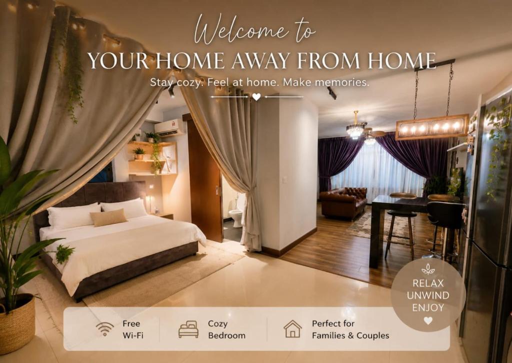 a bedroom with a bed and a desk in a room at Minimalist Studio Trefoil Setia Alam linked bridge to Mall and Convention Centre near to NIH Peninsula in Setia Alam