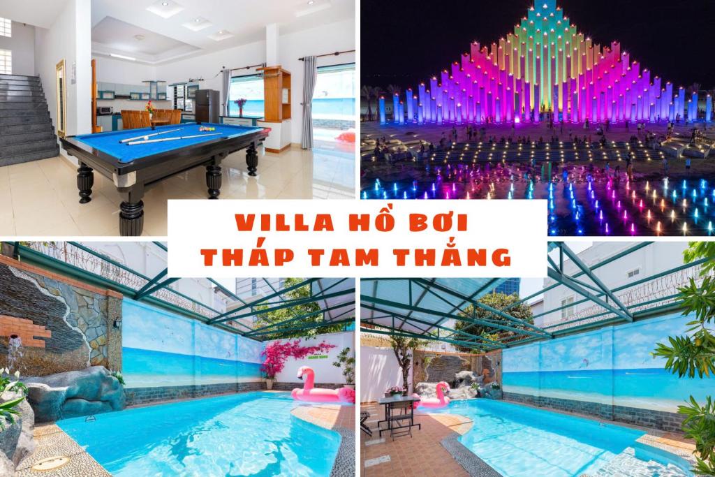 a collage of photos with a pool and a ping pong table at Kegotel Villa Bãi Sau ngay Tháp Tam Thắng in Vung Tau
