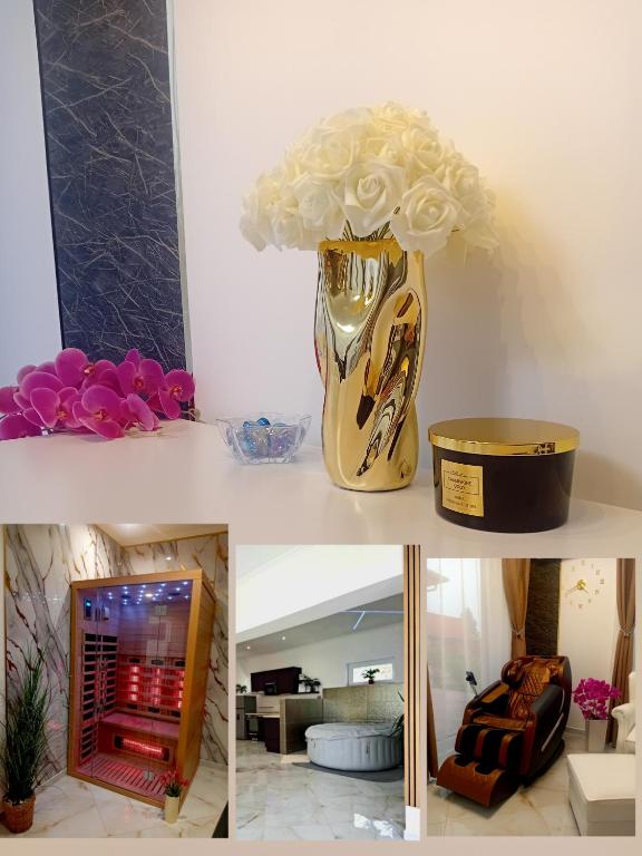 a collage of photos of a vase with flowers in it at Sweethome12 in Fonyód