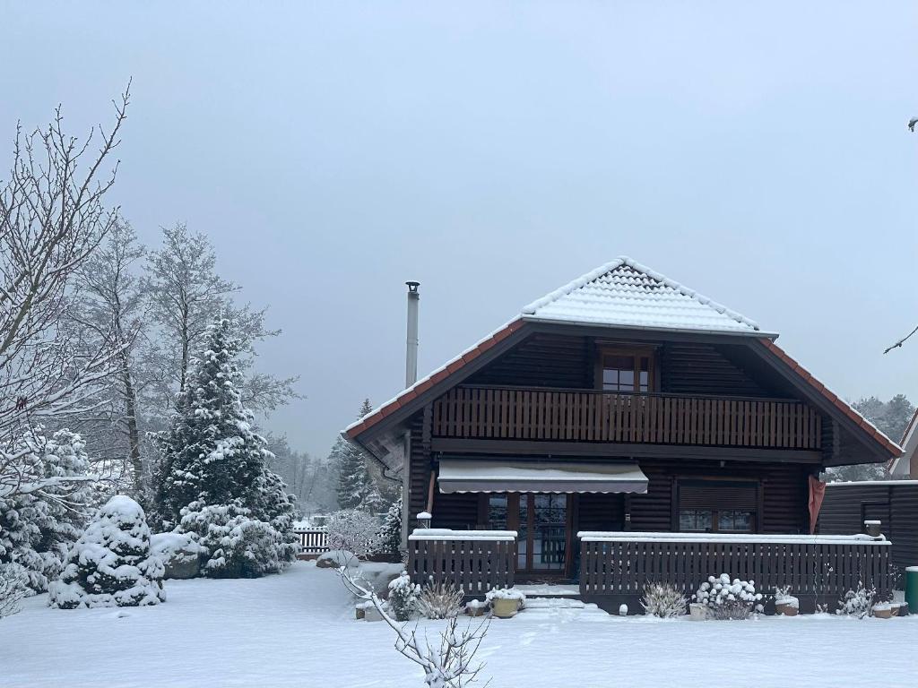 a log cabin with snow on the roof at Ferienhaus Evelin in Keune