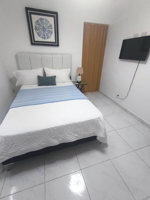 a bedroom with a large bed and a television at Hostal Dermari in La Romana
