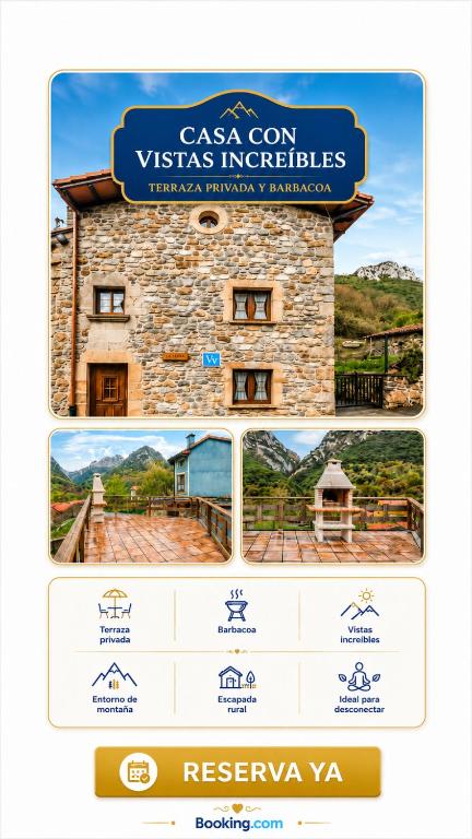 a collage of photos of a villa with a sign at Casa Enacantadora con Terraza y Barbacoa y vista Espectacular en TresCares Junto a Ruta de el Cares y Picos de Europa in Trescares