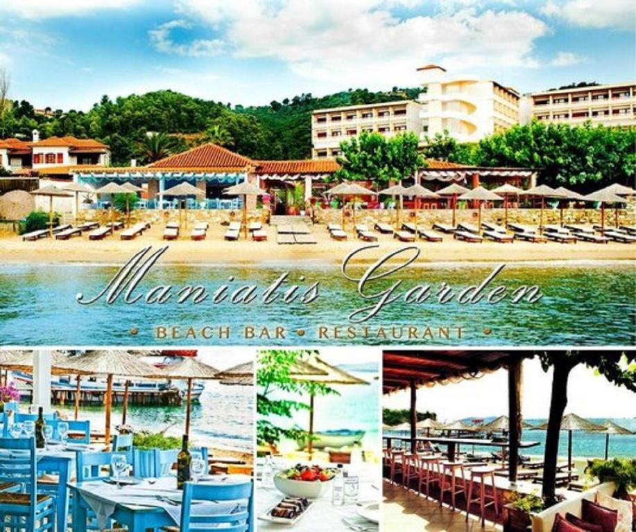 a collage of photos of a beach bar and restaurant at Maniatis Garden in Achladies