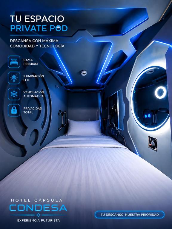 a bed in the back of a private jet at Hotel Capsula Condesa in Mexico City