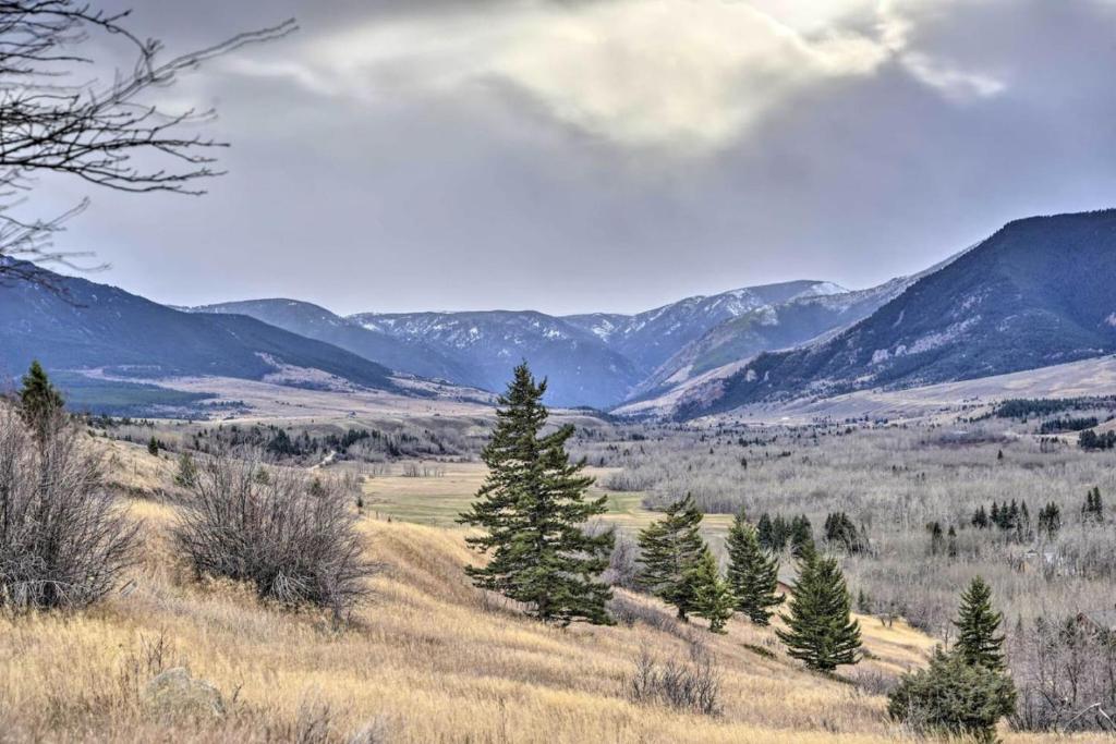 a field with trees and mountains in the background at Hauser House Unit 1 Dog Friendly in Red Lodge