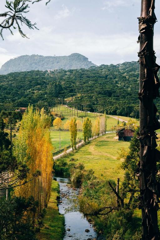 a river in a field with a mountain in the background at Rancho Canto da Lua in Urubici
