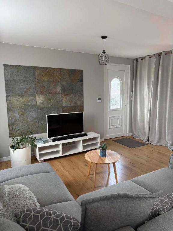 a living room with a couch and a flat screen tv at Maison 2 chambres avec jardin et parking privatif in Saran