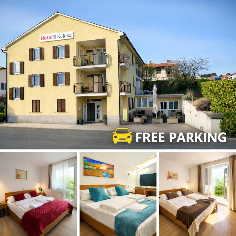 a collage of pictures of a building with two beds at Hotel Keltika in Izola