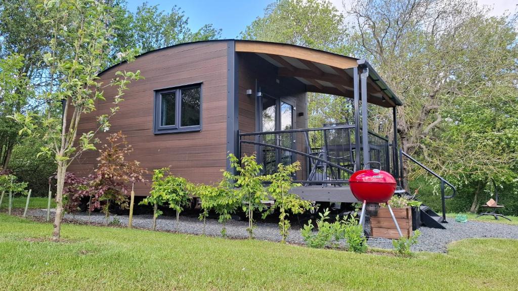 a tiny house in a garden with a tree at Peppercorn Pod at Beck House Glamping in Salmonby