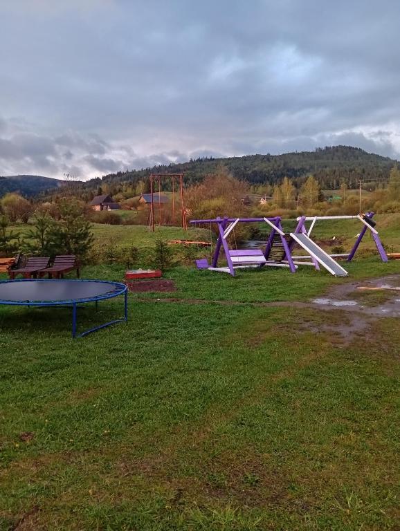 a group of picnic tables and a ping pong table in a field at Гірська яфина in Myta