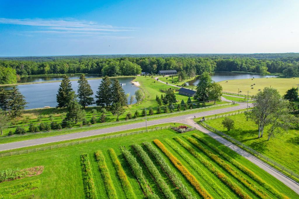 an aerial view of a river and a road at Standing Rock Farms in Madison