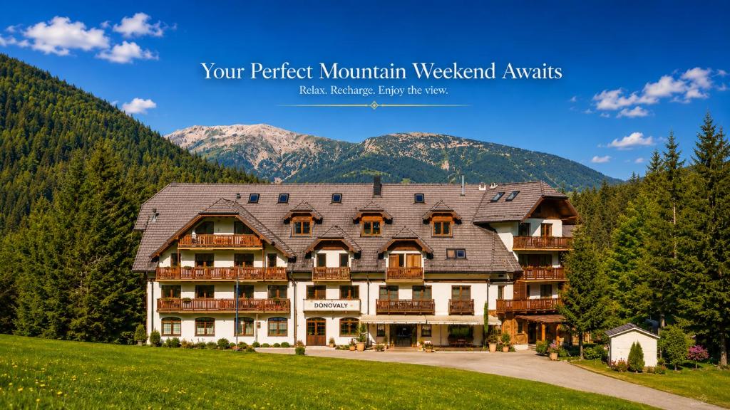 a hotel in the mountains with mountains in the background at Kamzík Apartment 64 Donovaly - hneď pri lanovke a atrakciách Donovalkovo, Fun arena - Apartment near the cable car and attractions in Donovaly