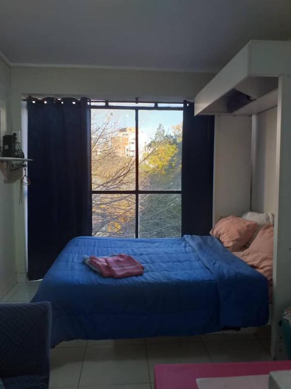 a bedroom with a blue bed and a window at Luminoso monoambiente con cochera propia dentro del edificio in La Plata