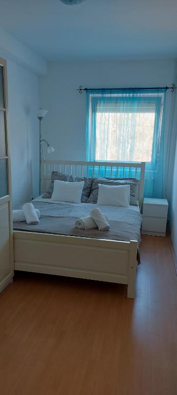 a bed in a blue room with a window at Katica Apartman in Kehidakustány