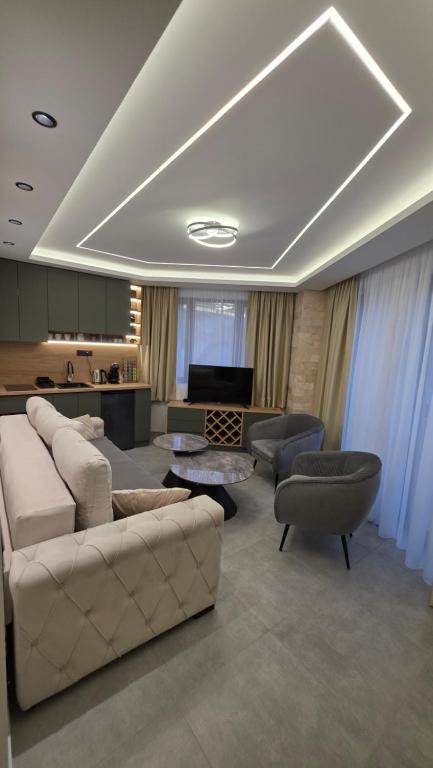 a living room with couches and chairs and a television at Kamel Rooms & Apartments in Bijelo Polje